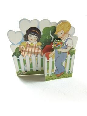 Vintage Valentine Card 1931 Fold Stand Girl & Boy w/ Flowers White Picket Fence